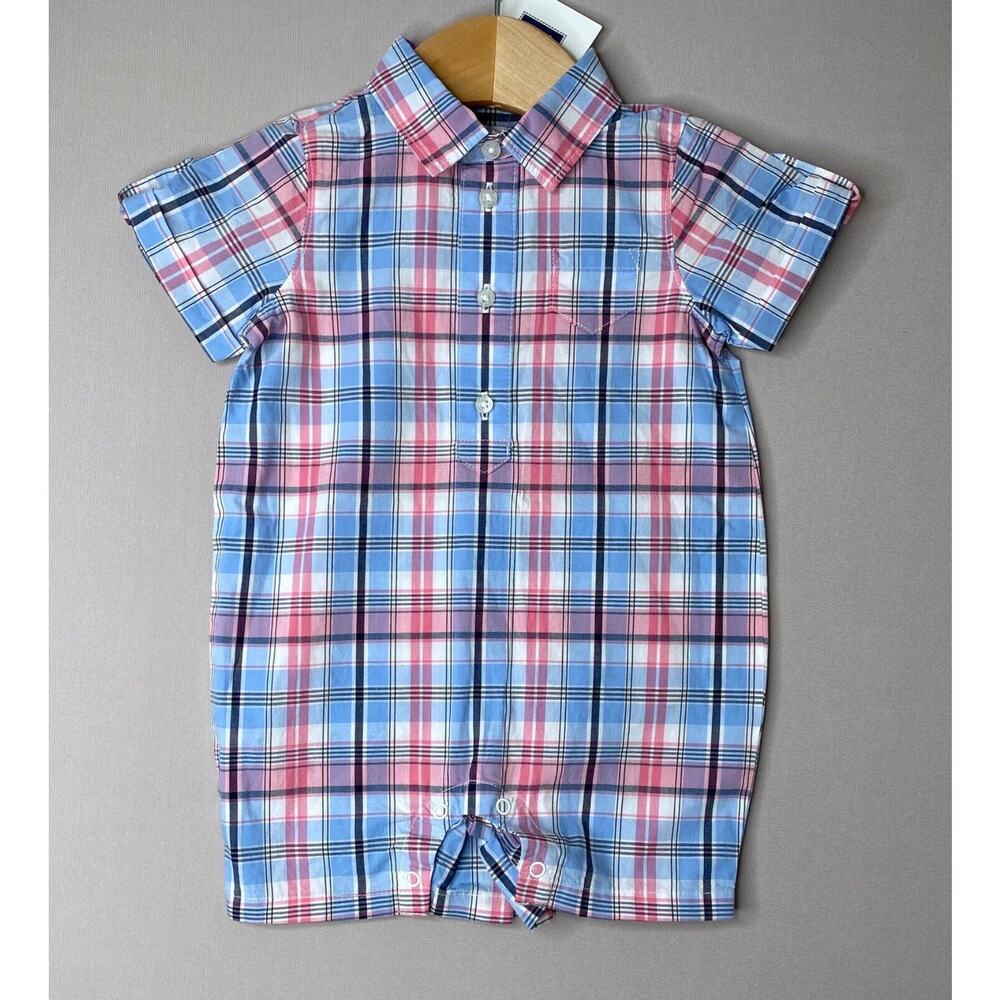 NWT Janie & Jack Pastel Blue Pink Plaid Collared Short Romper Boys 3-6 Mo